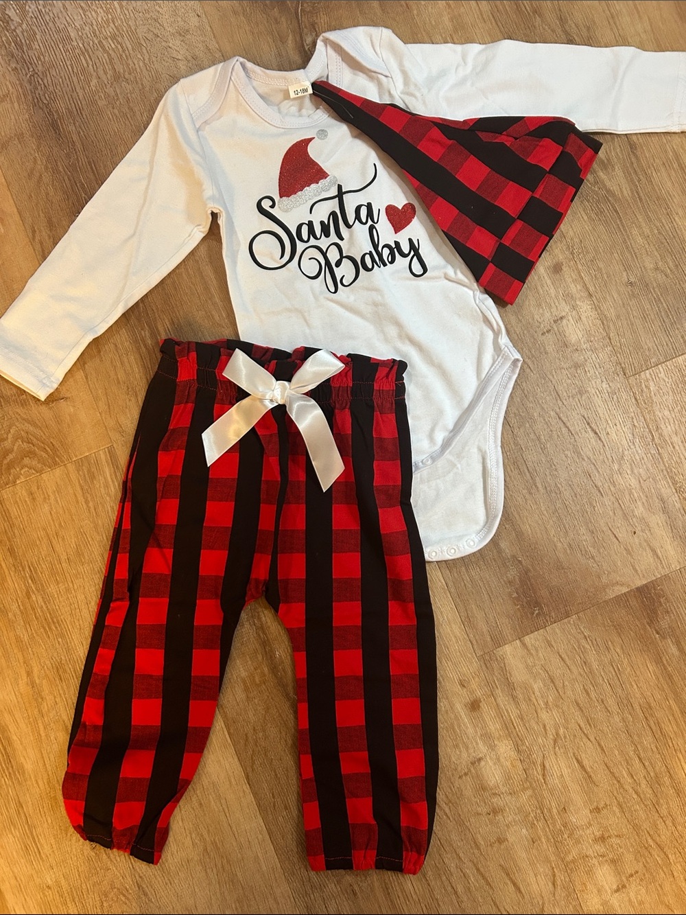 Santa Baby White & Red Buffalo Plaid Kids Matching Set